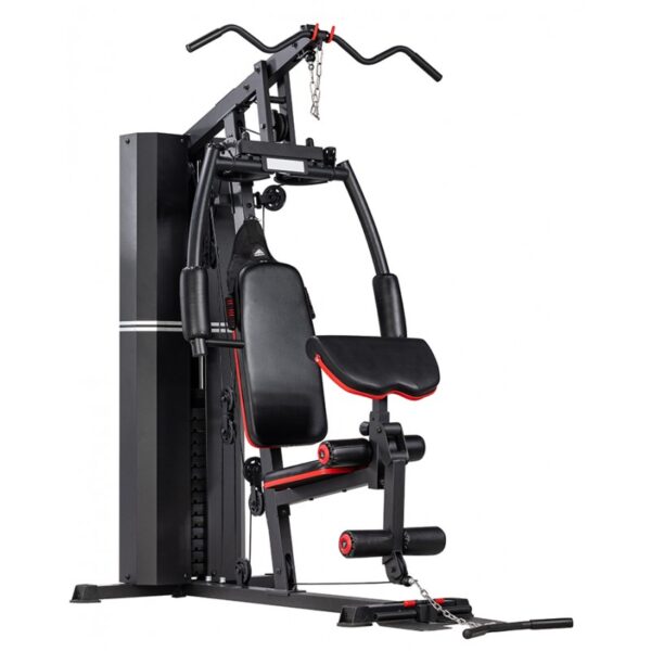 Marshall Fitness The Marshal Single Station: A black multi-station home gym equipment with adjustable weights, multiple exercise stations, and padded seats. The equipment includes a bench press station, a lat pulldown station, a pec deck station, and a low row station.