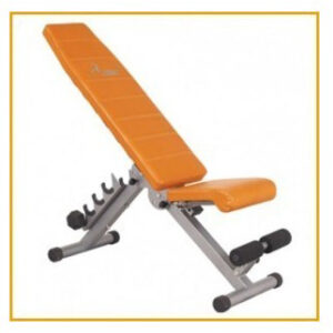 Adjustable weight bench with an orange padded seat and backrest. The bench has a foldable design and adjustable incline levels. It also features built-in dumbbell holders on the front legs.