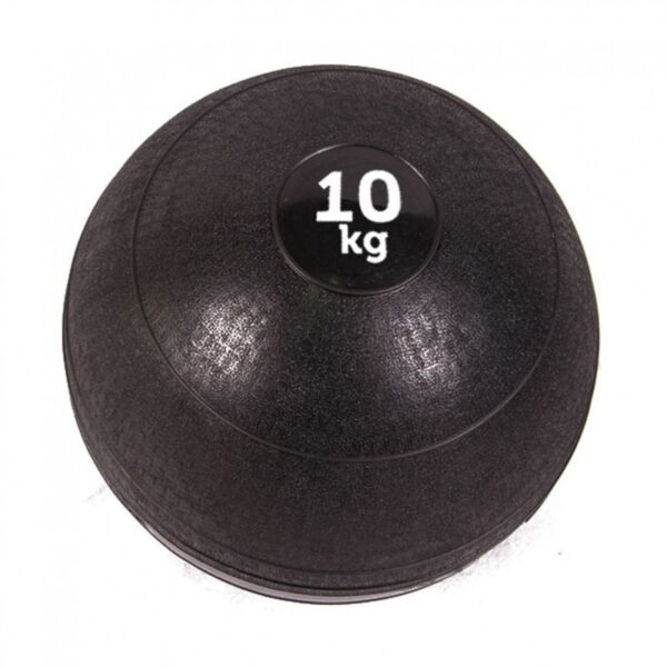 A black slam ball with "10kg" printed on it. The ball is round with a slightly flattened base.