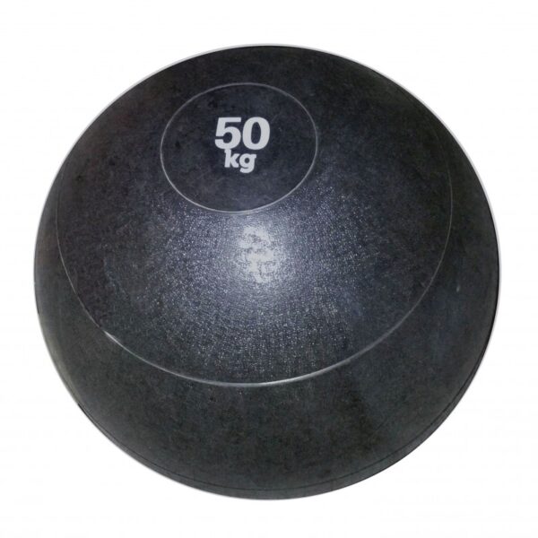 A black medicine ball with the weight "50 kg" printed on it. The ball has a textured surface.