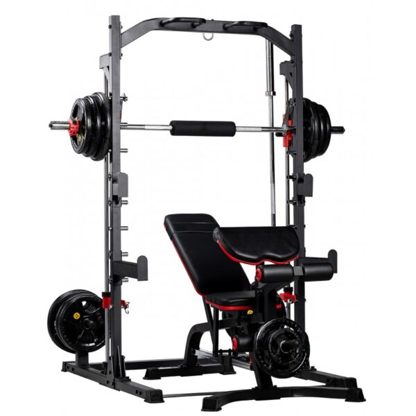 Black Smith Machine with adjustable weight plates and a padded bench. The Smith Machine has a safety bar, J-hooks, and a dip bar station. The bench is adjustable and has a padded back and seat.