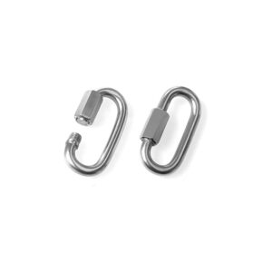 Two silver oval carabiners with threaded ends. The carabiners are open and have a slightly curved shape.