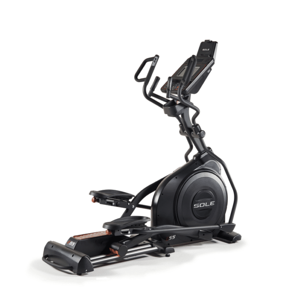 A black elliptical trainer with a digital display, handles for support, and two foot pedals.