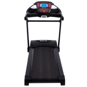 Sole Fitness F60 treadmill. A black treadmill with a digital console, safety rails, and a wide running belt. The word "SOLE" is printed on the front of the treadmill.