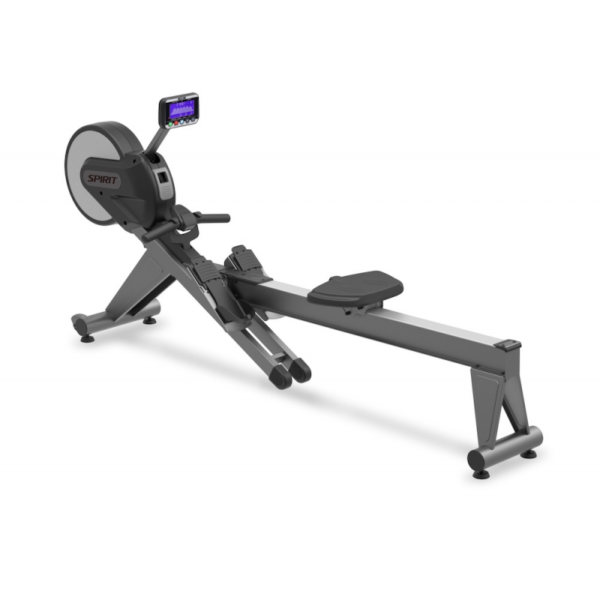 Spirit Fitness CRW800 Rowing Machine. A gray rowing machine with a digital console, handles, and a sliding seat. The word "SPIRIT" is printed on the flywheel.