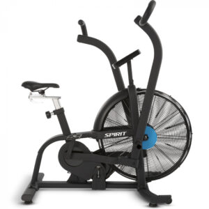 Spirit Fitness AB900 Air Bike. A black air bike exercise machine with a fan at the front and handles on the top. The bike has a seat and pedals for cycling, and the handles are used for upper body workouts.