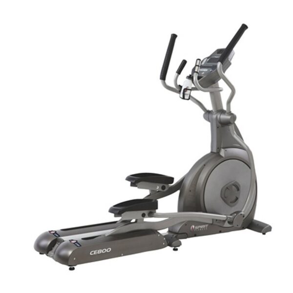 A gray Spirit Fitness CE800 Elliptical with a digital display, handles for support, and two foot pedals.