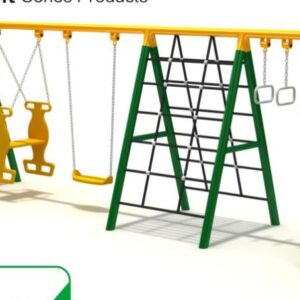 Children's outdoor playground equipment with multiple swings, a climbing frame, and a slide. The swings include a baby swing, a regular swing, and a double swing. The climbing frame has a triangular shape with a rope net. The slide is yellow and has a curved shape.