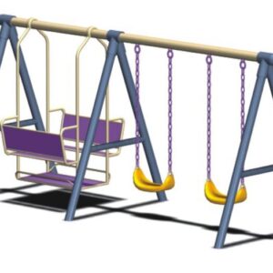 Children's playground swing set with two individual swings and one double swing. The swings have purple and yellow seats and chains. The swing set frame is blue and has a sturdy construction.