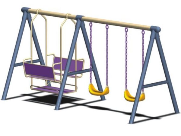 Children's playground swing set with two individual swings and one double swing. The swings have purple and yellow seats and chains. The swing set frame is blue and has a sturdy construction.