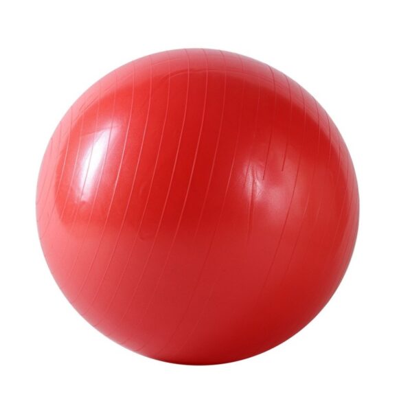 A red exercise ball, also known as a stability ball or fitness ball. It's a large, inflatable ball often used for various exercises and physical therapy.