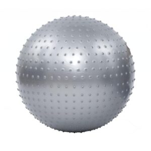 A gray exercise ball with small, raised bumps all over its surface. It appears to be a solid, inflatable ball.