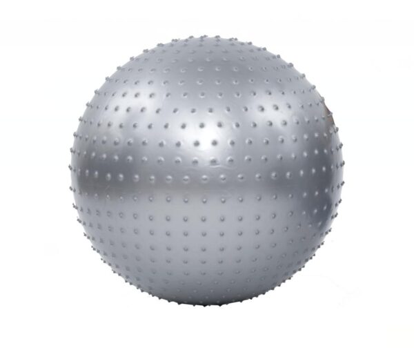 A gray exercise ball with small, raised bumps all over its surface. It appears to be a solid, inflatable ball.