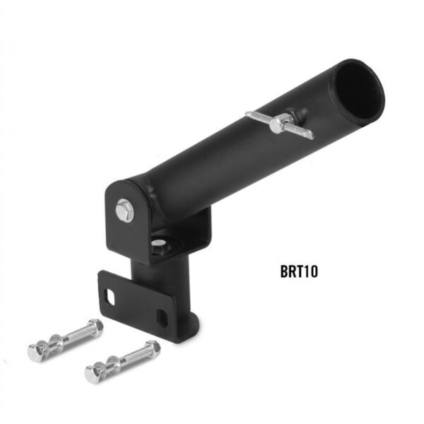 A black metal T-bar row attachment with a pin and bolt for securing it to a rack or frame. The attachment has a curved handle and a base with mounting holes. The label "BRT10" is visible on the base.