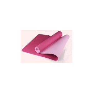 A pink and purple yoga mat rolled up on a white background. The mat is partially unrolled, showing the two-toned colors.