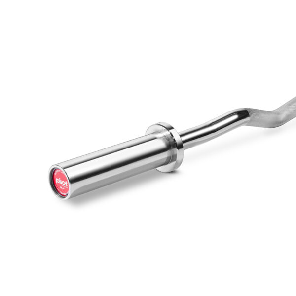 A close-up of a chrome-plated Olympic EZ curl bar. The bar has a curved shape and a red rubber sleeve on one end.