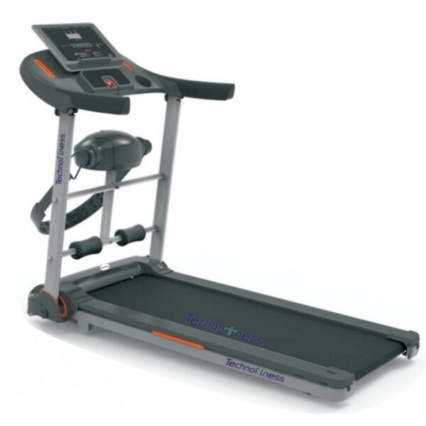 A gray motorized treadmill with a digital display, handles for support, and a wide running belt. The treadmill has a "Stamina Fitness"