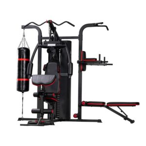 MF-9954-5 Multi-Function Gym: A black multi-station home gym equipment with adjustable weights, multiple exercise stations, and padded seats. The equipment includes a bench press station, a lat pulldown station, a pec deck station, a low row station, and a punching bag station.