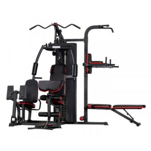 MF-9954-5 Multi-Function Gym: A black multi-station home gym equipment with adjustable weights, multiple exercise stations, and padded seats. The equipment includes a bench press station, a lat pulldown station, a pec deck station, and a low row station.