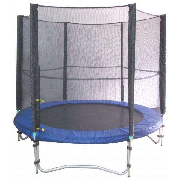 Round trampoline with a blue jumping surface and a black safety net. The trampoline has a metal frame and legs.