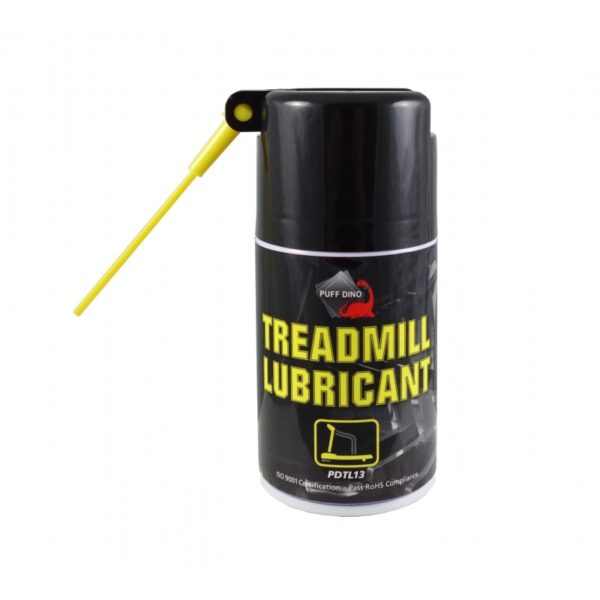 A black spray bottle with a yellow cap and a yellow nozzle. The bottle is labeled "TREADMILL LUBRICANT" and has a picture of a treadmill on it. The product code is PDTL13.