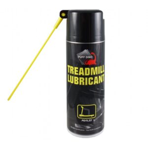 A black spray bottle with a yellow cap and a yellow nozzle. The bottle is labeled "TREADMILL LUBRICANT" and has a picture of a treadmill on it. The product code is PDTL13.