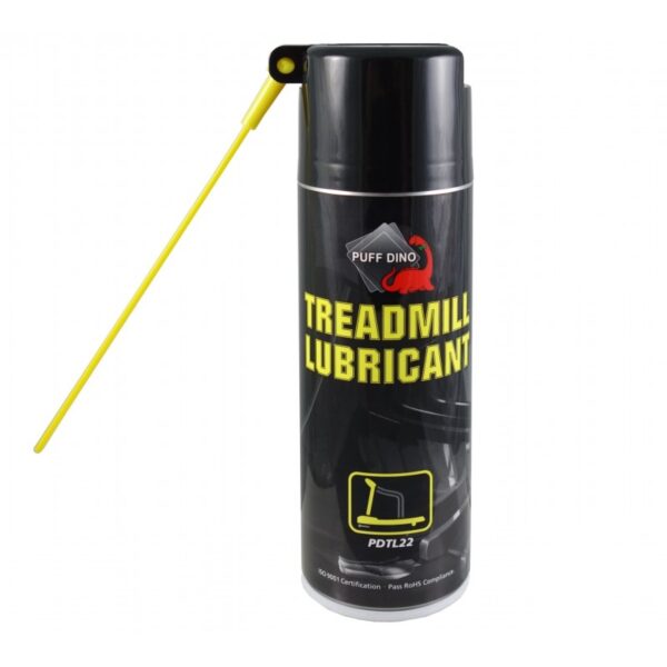 A black spray bottle with a yellow cap and a yellow nozzle. The bottle is labeled "TREADMILL LUBRICANT" and has a picture of a treadmill on it. The product code is PDTL13.