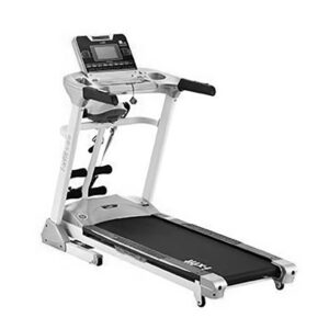 A white motorized treadmill with a digital display, handles for support, and a wide running belt.