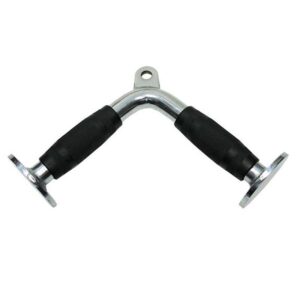 A V-shaped tricep press down bar with rubber grips. The bar is made of chrome-plated steel and has a D-shaped ring at the top for attachment to a cable machine. The handles are angled outwards and have a textured surface for grip.