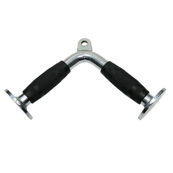 A V-shaped tricep press down bar with rubber grips. The bar is made of chrome-plated steel and has a D-shaped ring at the top for attachment to a cable machine. The handles are angled outwards and have a textured surface for grip.