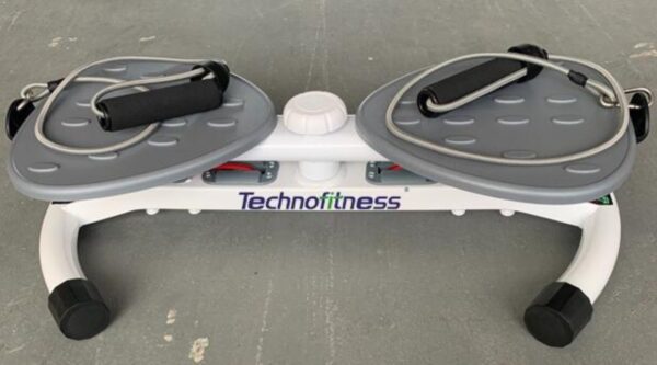 A TechnoFitness HG-F011 Twister with Rope. The machine is white with gray foot platforms and black handles. It has two resistance cords attached to the handles.