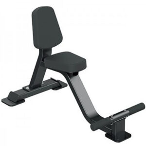 Black adjustable utility bench with a padded seat and backrest. The bench has a curved shape and a sturdy steel frame. It can be used for various exercises, including dumbbell rows and seated presses.