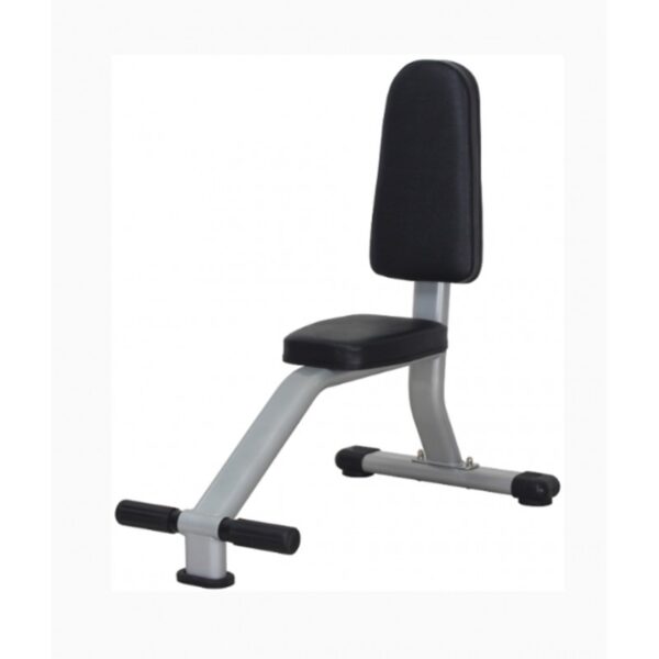 A gray adjustable weight bench with a black padded seat and backrest. The bench has a curved base and adjustable levels.