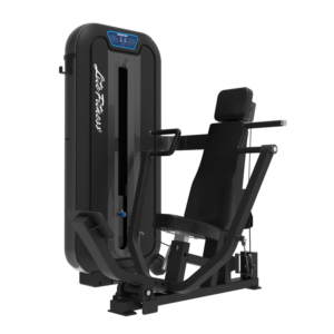 Lifespan Shoulder Press Machine: A black shoulder press machine with a padded seat and backrest. The machine has adjustable handles and a sturdy steel frame. The word "Lifespan" is printed on the front of the machine.