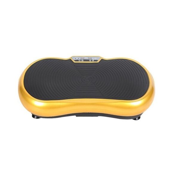 A gold whole-body vibration machine with a black platform and a digital display.