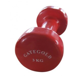 A red dumbbell with the text "GATEGOLD" and "3KG" printed on it. The dumbbell has a hexagonal shape at the ends and a cylindrical handle.