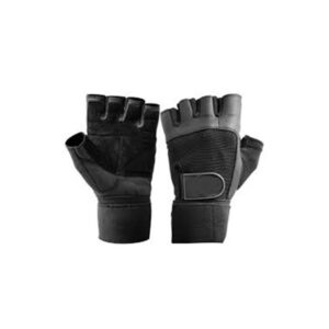 A pair of black weightlifting gloves with a perforated palm and fingertip for breathability. The gloves have a wrist strap with a hook-and-loop closure. The brand "Actifit International" is printed on the wrist strap.