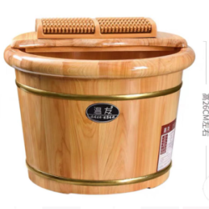 A wooden foot bath with a curved shape and a wooden footrest. The foot bath has a height of approximately 26 centimeters.