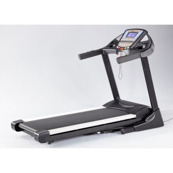 A black and white motorized treadmill with a digital display, handles for support, and a wide running belt. The treadmill has an "XTERRA".