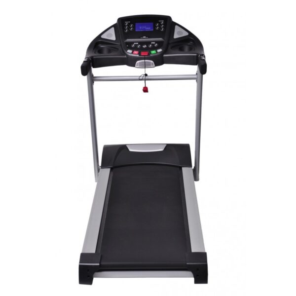 A black motorized treadmill with a digital display, handles for support, and a wide running belt.