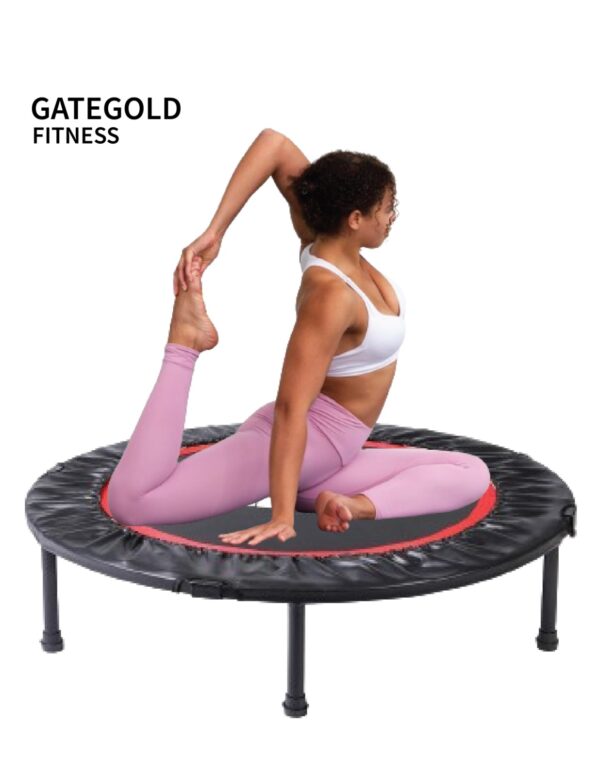 A person is standing on a mini trampoline. The trampoline has a black frame and a blue mat. The text "GATEGOLD FITNESS" is printed on the mat. The specific model of the trampoline cannot be determined from the image.