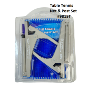 A packaged table tennis net and post set. The set includes a blue net, two gray posts, and a clamp.