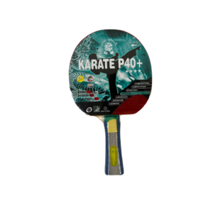 A table tennis paddle with a red and black face and a green and blue handle. The paddle has the text "KARATE P40+" printed on the face.