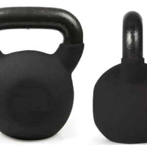 A black kettlebell with a rubber coating on a white background. The kettlebell is shown from the front and side. The handle is thick and curved, and the base is round.