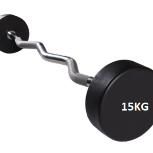 A curved barbell with black rubber weights and a chrome bar. The barbell has a weight of 15 kilograms, which is labeled on one of the weights.