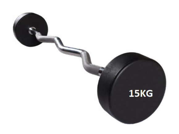 A curved barbell with black rubber weights and a chrome bar. The barbell has a weight of 15 kilograms, which is labeled on one of the weights.