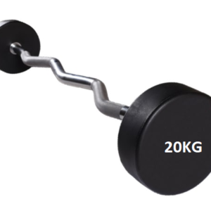 A curved barbell with black rubber weights and a chrome bar. The barbell has a weight of 20 kilograms, which is labeled on one of the weights.