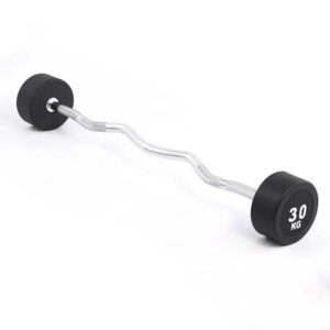 A curved barbell with black rubber weights and a chrome bar. The barbell has a weight of 30 kilograms, which is labeled on one of the weights.