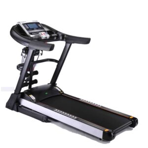 A black treadmill with a gray running belt and a digital display. The treadmill has a foldable frame, handrails with controls, and a safety key.