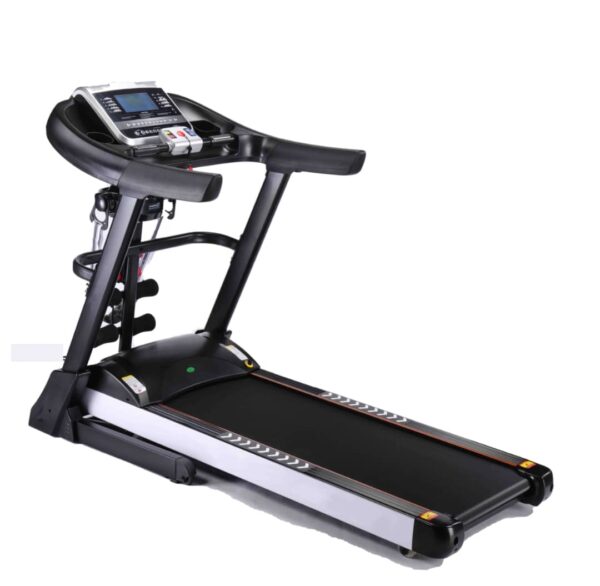 A black treadmill with a gray running belt and a digital display. The treadmill has a foldable frame, handrails with controls, and a safety key.